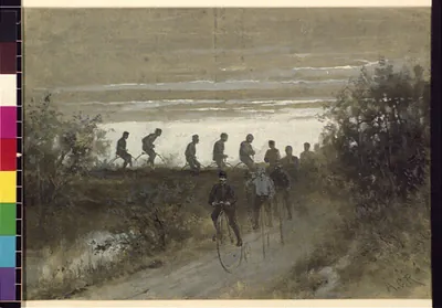 Silhouetted cyclists on penny-farthing bicycles along a dirt road
