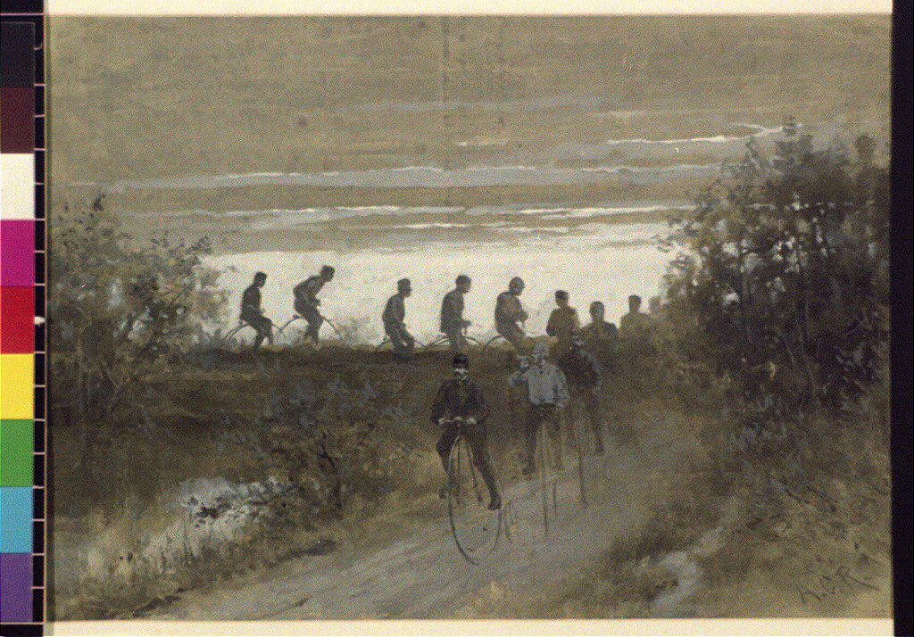 Silhouetted cyclists on penny-farthing bicycles along a dirt road — historic image