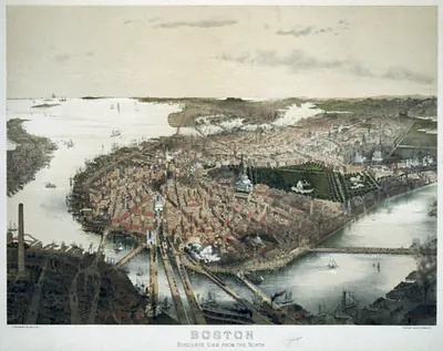 Boston - bird's eye view from the north / J. Bachmann del. and lith.
