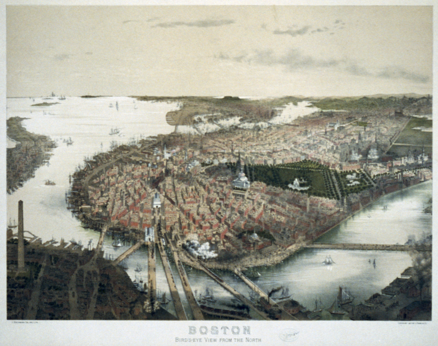 Boston - bird's eye view from the north / J. Bachmann del. and lith., c1877. — antique lithograph