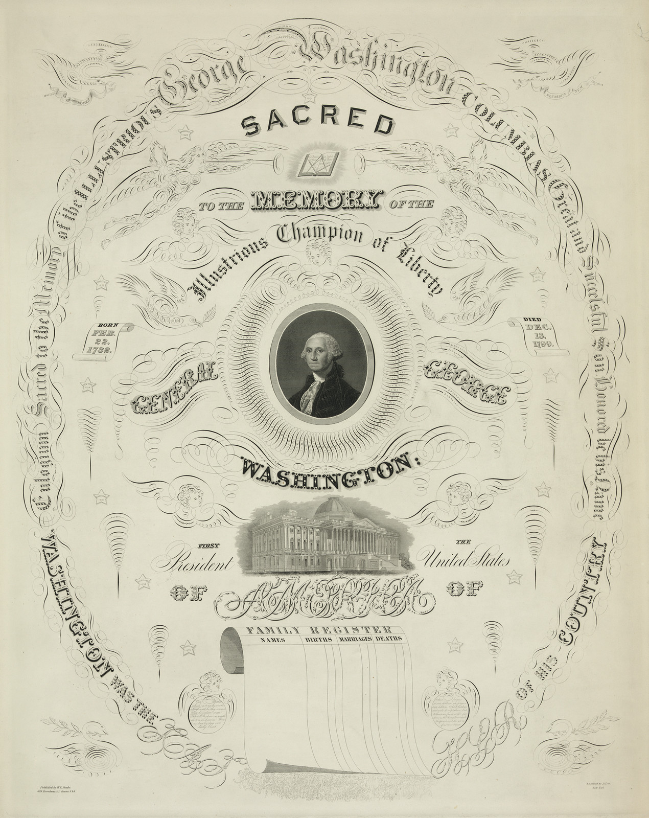 Sacred to the Memory of George Washington, Family Register — historic image