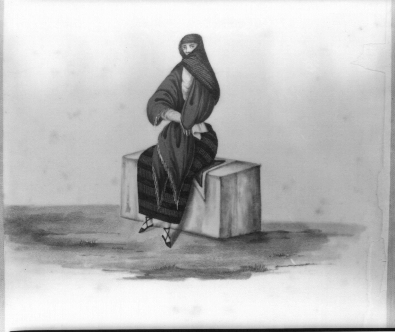 [Woman wearing a tapada seated on a stone block, Peru], [between 1830 and 1840] — historic drawing