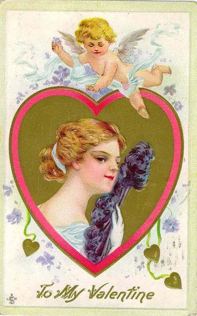 To My Valentine greeting card with cupid and woman