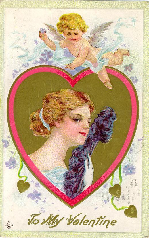 To My Valentine greeting card with cupid and woman — historic image