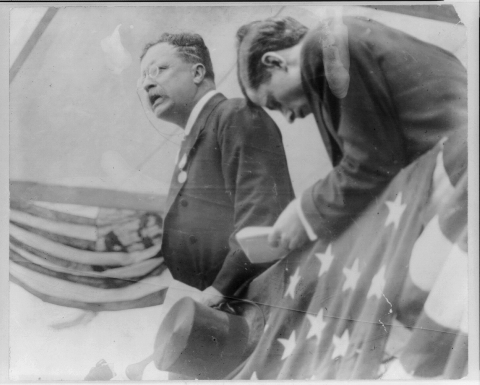 [Theodore Roosevelt, half, facing left, speaking at the Battery, N.Y.], c1910 June 23. — historic photograph