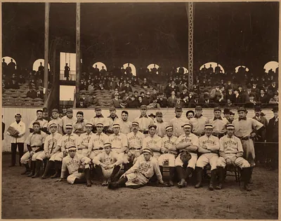 Boston baseball team posing before a grandstand crowd