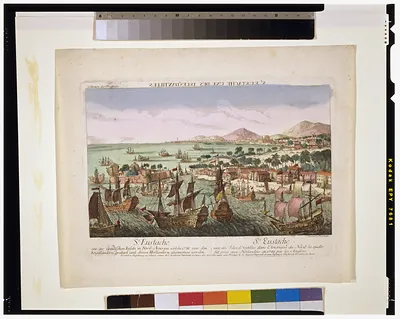 St. Eustache une des Isles d'Antilles dans l'Amerique du Nord la quelle fut prise aux Hollandois en 1781 par les Anglois St. Eustache eine der Antillischen insuln in Nord-America welche 1781 von den Engelländern, erobert und denen Holländern abgenom̄en worden / grave par Bergmüller