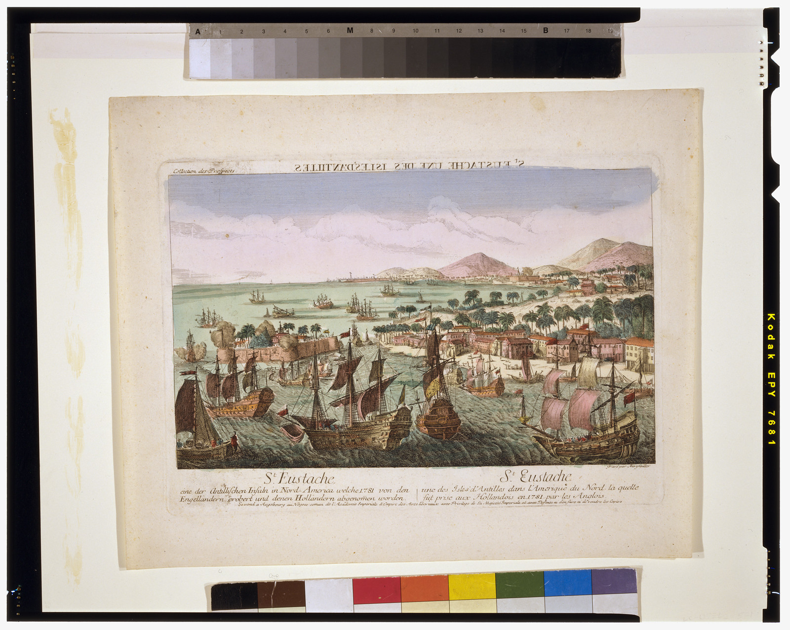 St. Eustache une des Isles d'Antilles dans l'Amerique du Nord la quelle fut prise aux Hollandois en 1781 par les Anglois St. Eustache eine der Antillischen insuln in Nord-America welche 1781 von den Engelländern, erobert und denen Holländern abgenom̄en worden / grave par Bergmüller — historic print