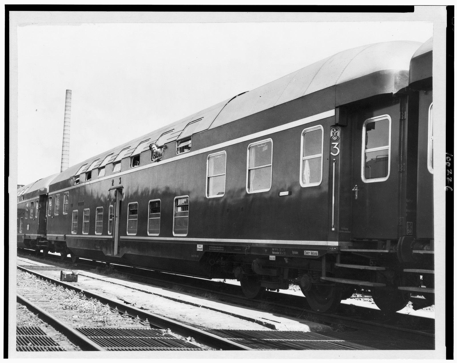 Three-level railway coach / Wide World photo. — historic photograph