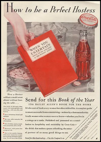 How to be a Perfect Hostess Coca-Cola advertisement with Ida Bailey Allen book