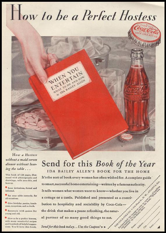 How to be a Perfect Hostess Coca-Cola advertisement with Ida Bailey Allen book — historic image