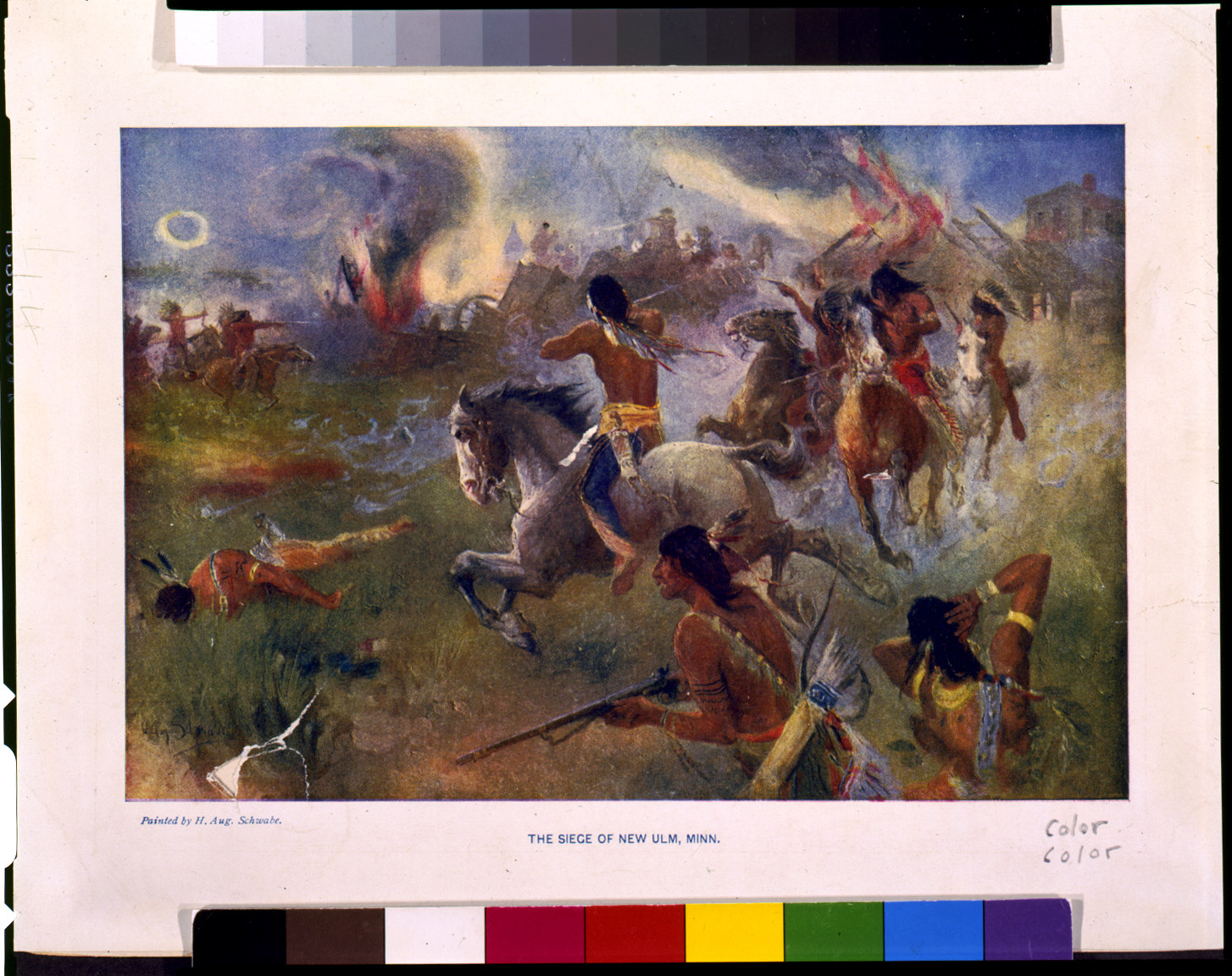 The siege of New Ulm, Minn. / painted by H. Aug. Schwabe., c1902. — historic print