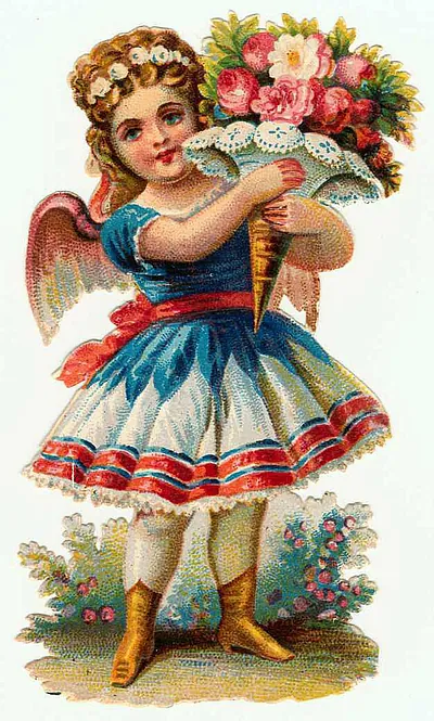 Victorian die-cut winged cherub holding a flower cornucopia