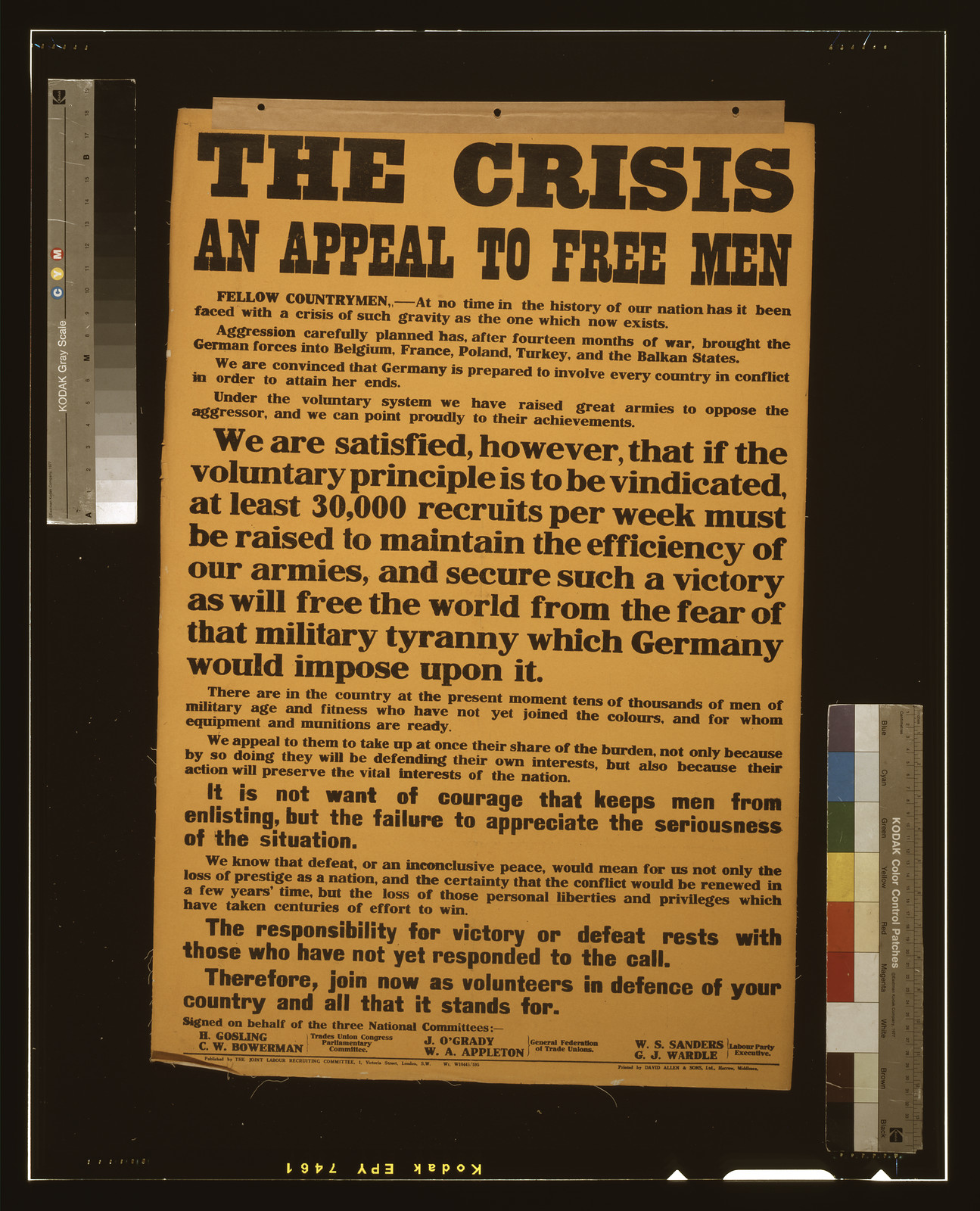 The crisis. An appeal to free men [...] / printed by David Allen & Sons, Ltd., Harrow, Middlesex., London : Joint Labor Recruiting Committee, [1915] — vintage poster