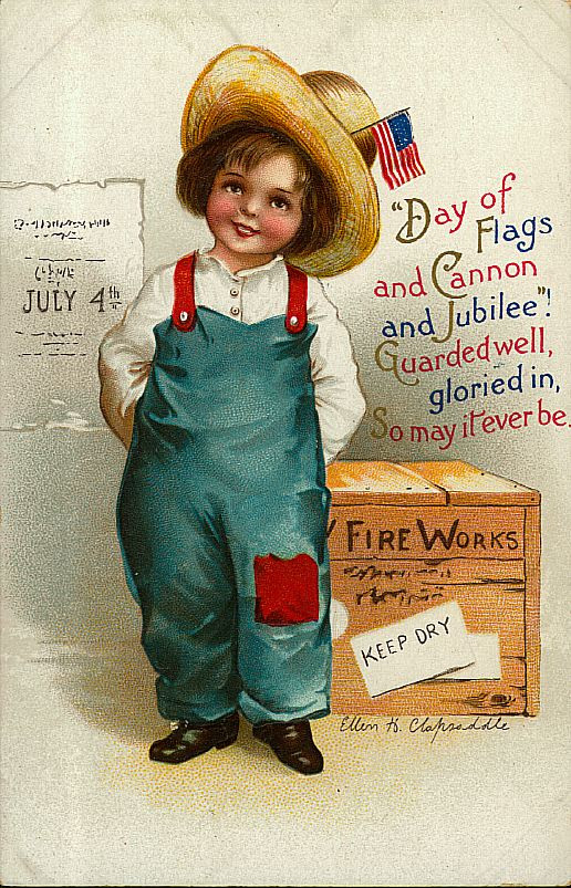 Child in overalls beside fireworks crate, Fourth of July postcard — vintage postcard