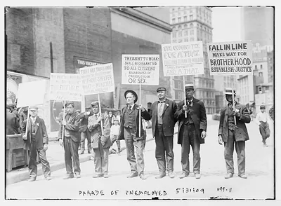 Parade of unemployed men, carrying signs, New York