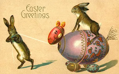 Easter Greetings postcard with rabbits and decorated eggs