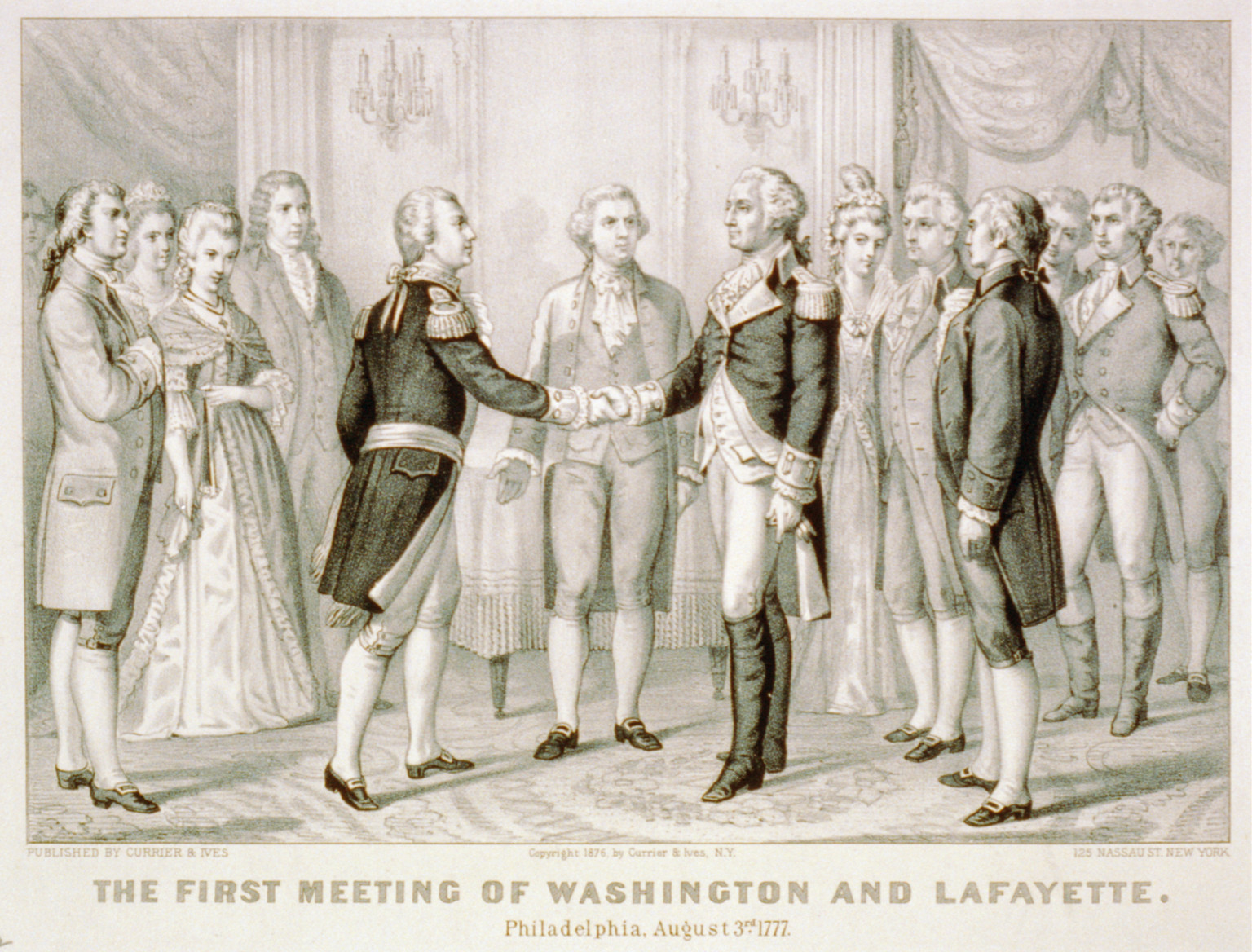 The first meeting of Washington and Lafayette: Philadelphia, August 3rd 1777, New York : Published by Currier & Ives, c1876. — antique lithograph