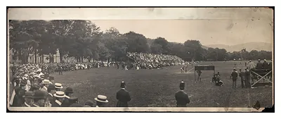 Panoramic photograph of a crowd watching an outdoor field event