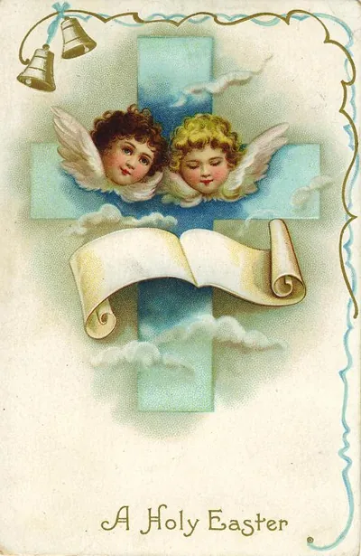 A Holy Easter postcard with angels, cross and scroll