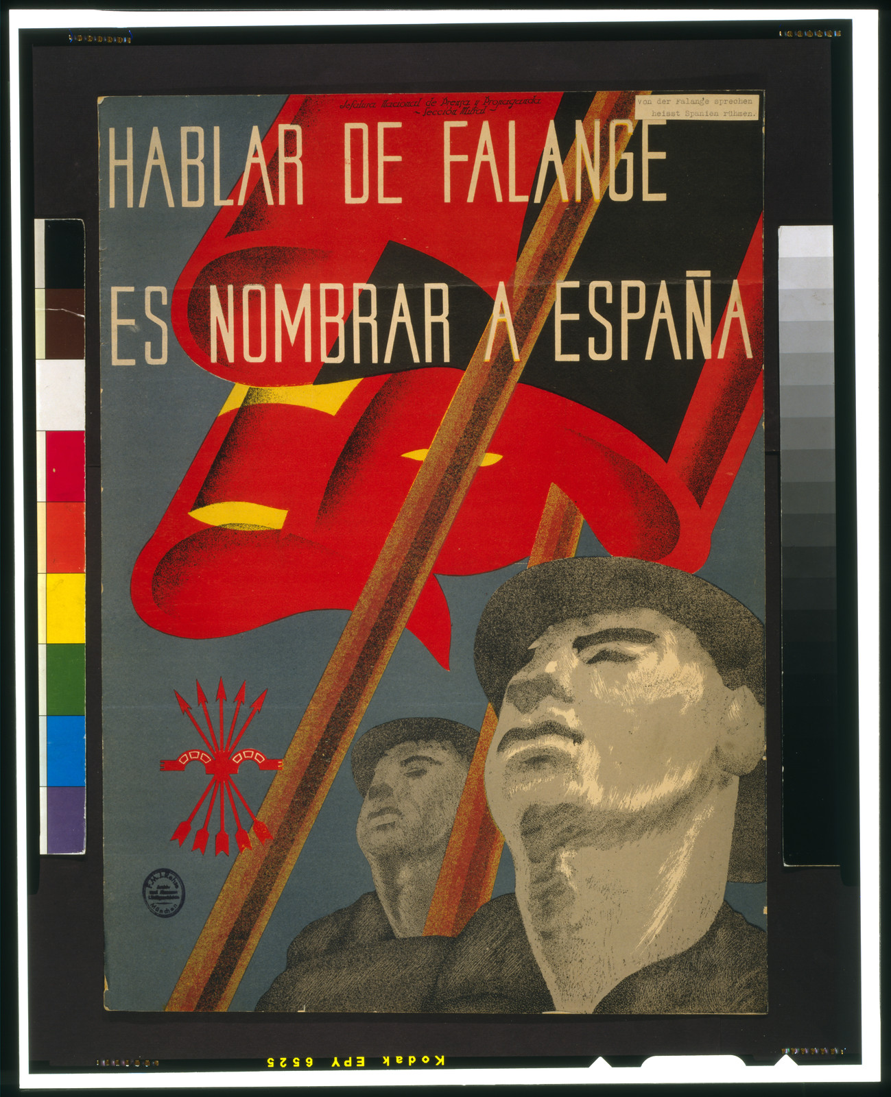 Hablar de Falange es nombrar a España, [Barcelona] : Jefatura Nacional de Prensa y Propaganda, Sección Mural, [between 1936 and 1939] — vintage poster
