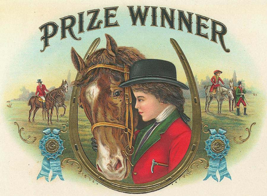 Prize Winner cigar box label with horse and rider — historic image