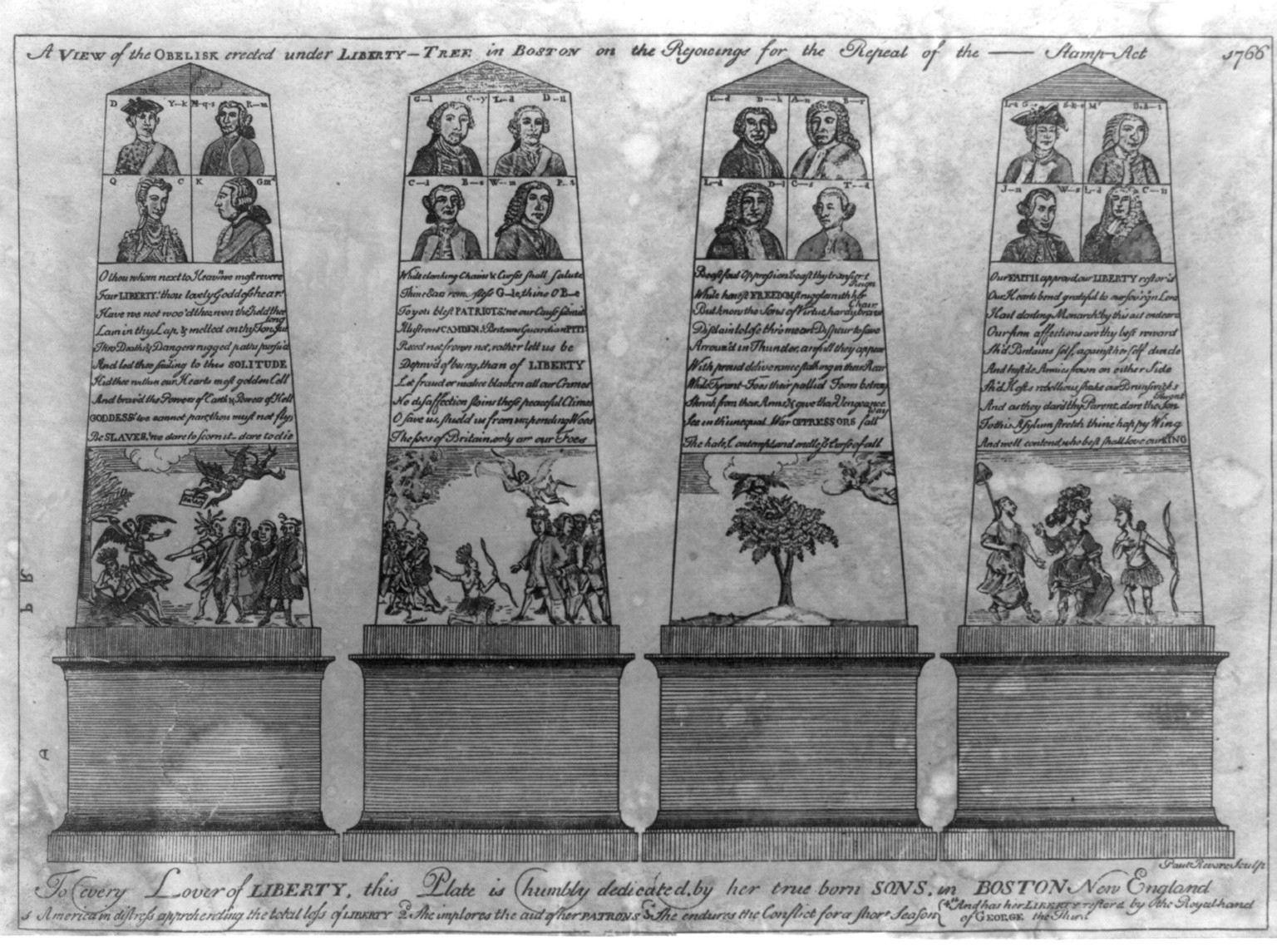 A view of the obelisk erected under Liberty-tree in Boston on the rejoicings for the repeal of the ---- Stamp Act 1766 / Paul Revere, sculp., [Boston : s.n., 1766, restrike printed in 1839 or later] — historic print