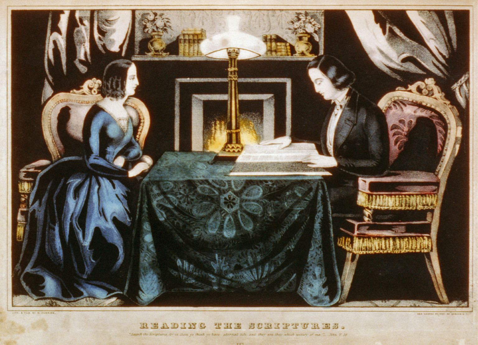 Reading the scriptures, New York : Published by N. Currier, [between 1835 and 1856] — antique lithograph