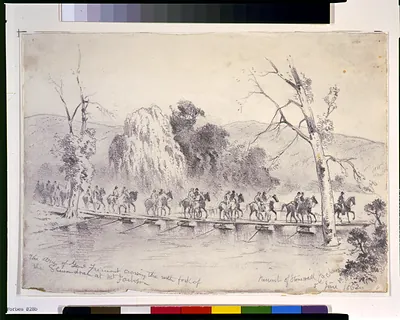 The army of General Fremont crossing the north fork of the Shenandoah at Mt. Jackson--Pursuit of Stonewall Jackson