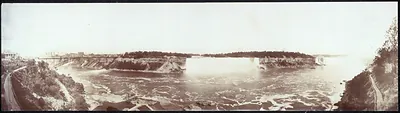 Panoramic sepia photograph of Niagara Falls and rapids