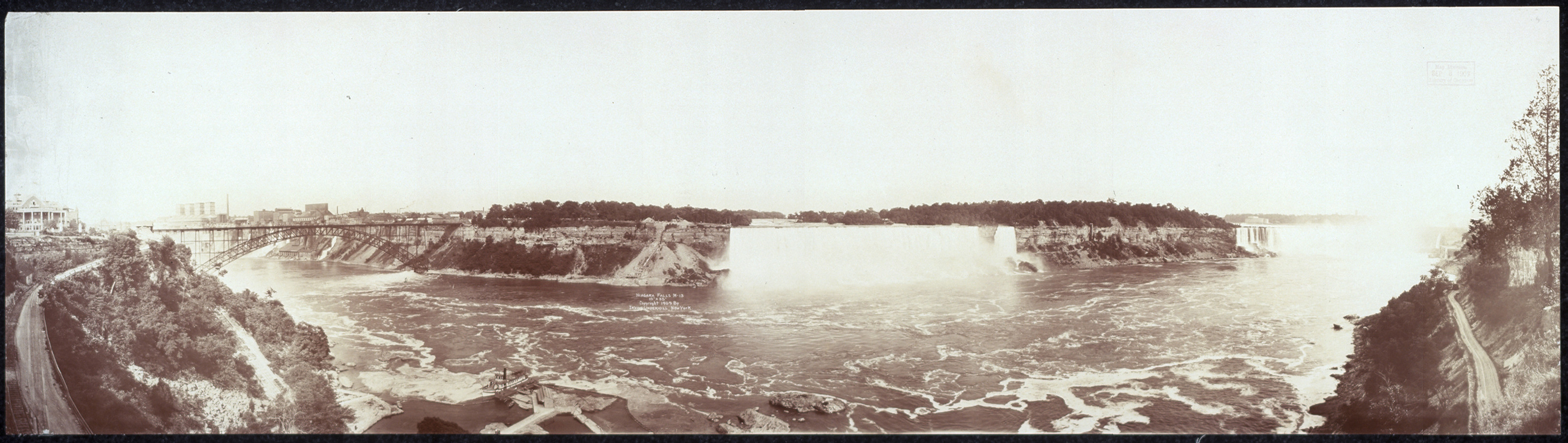 Panoramic sepia photograph of Niagara Falls and rapids — historic photograph