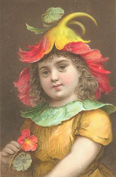 Young girl in flower-petal hat, chromolithograph