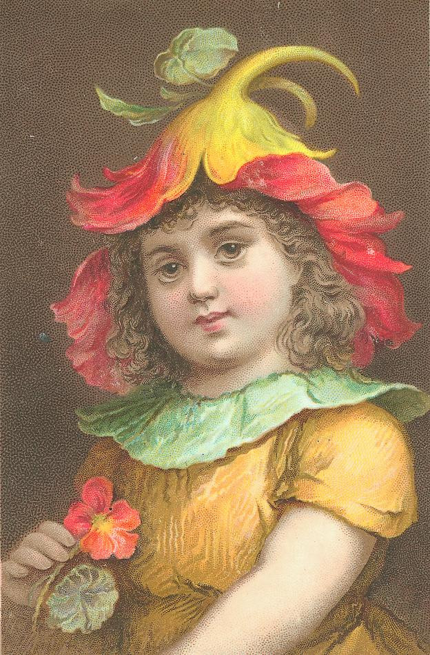 Young girl in flower-petal hat, chromolithograph — antique lithograph