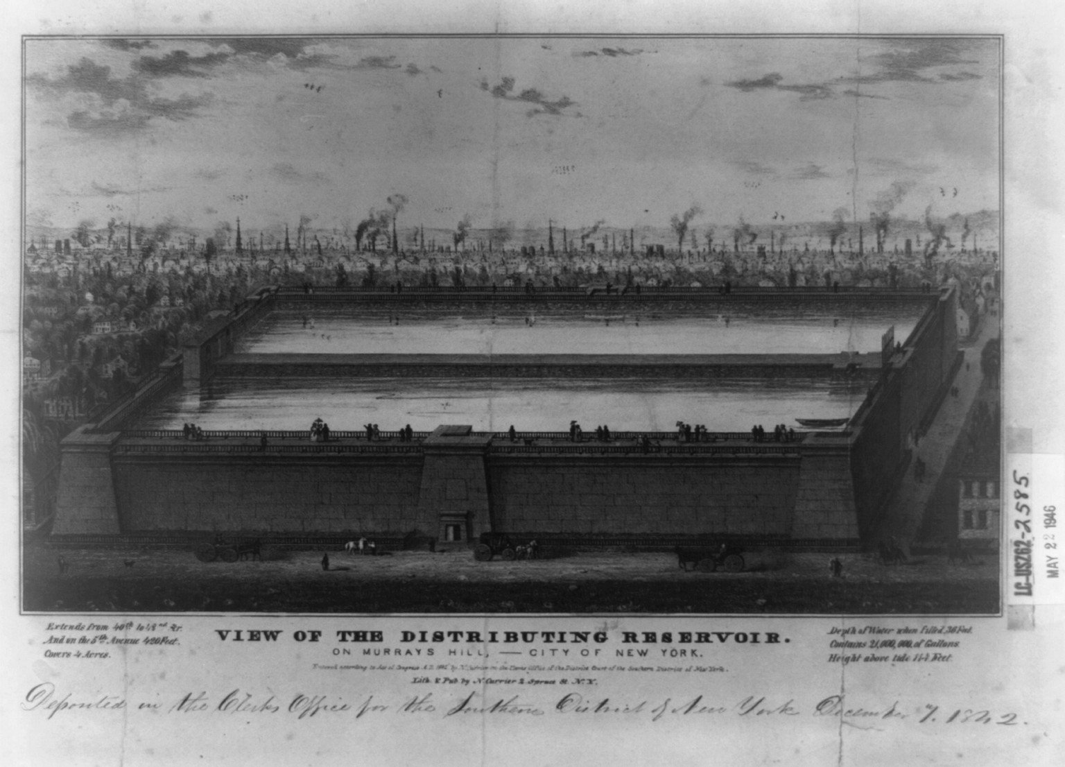 View of the distributing reservoir: on Murrays Hill,--City of New York, New York : Published by N. Currier, c1842. — antique lithograph