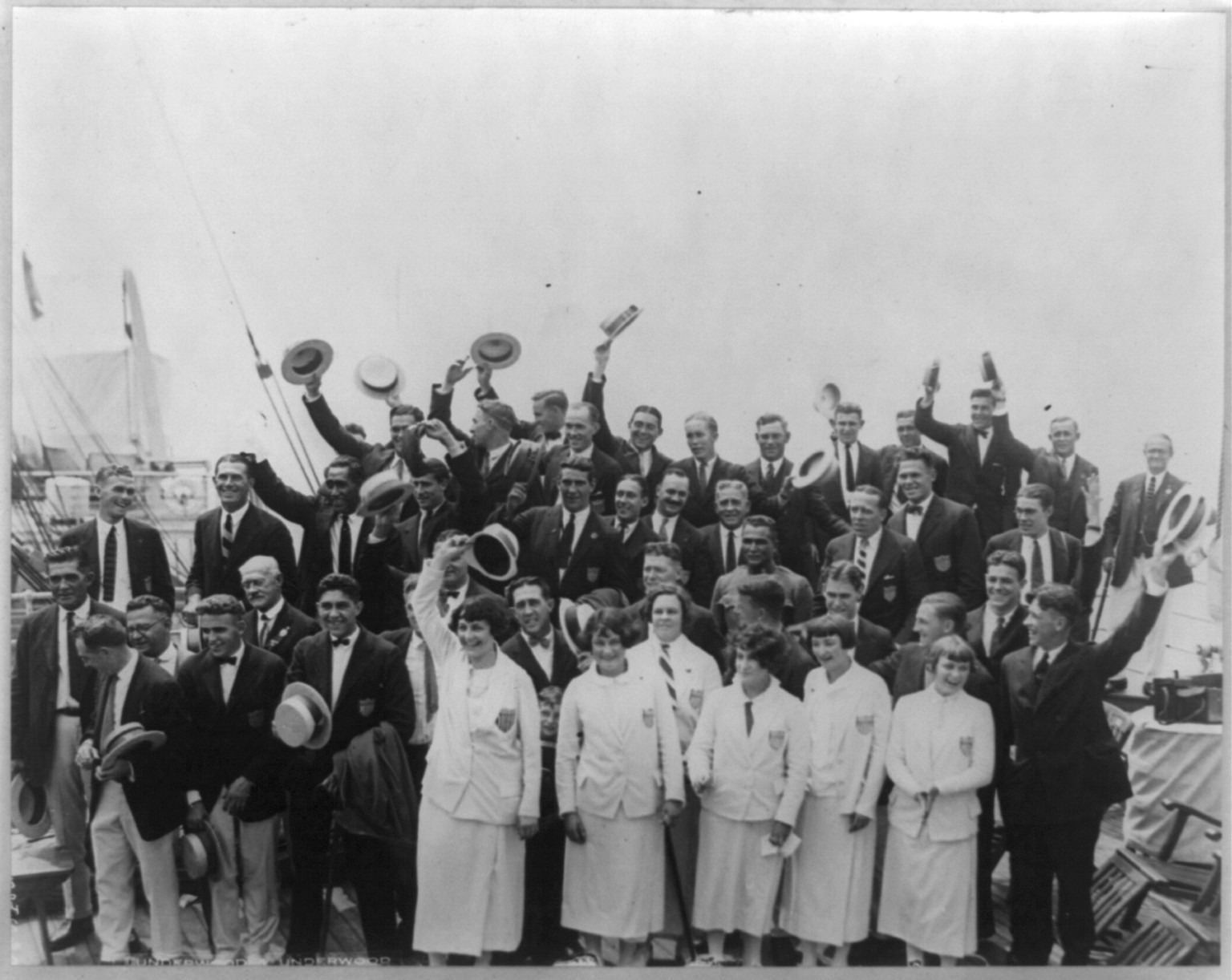 Victorious Olympic team members return aboard the S.S. AMERICA ..., 1924 Aug. 5. — historic photograph