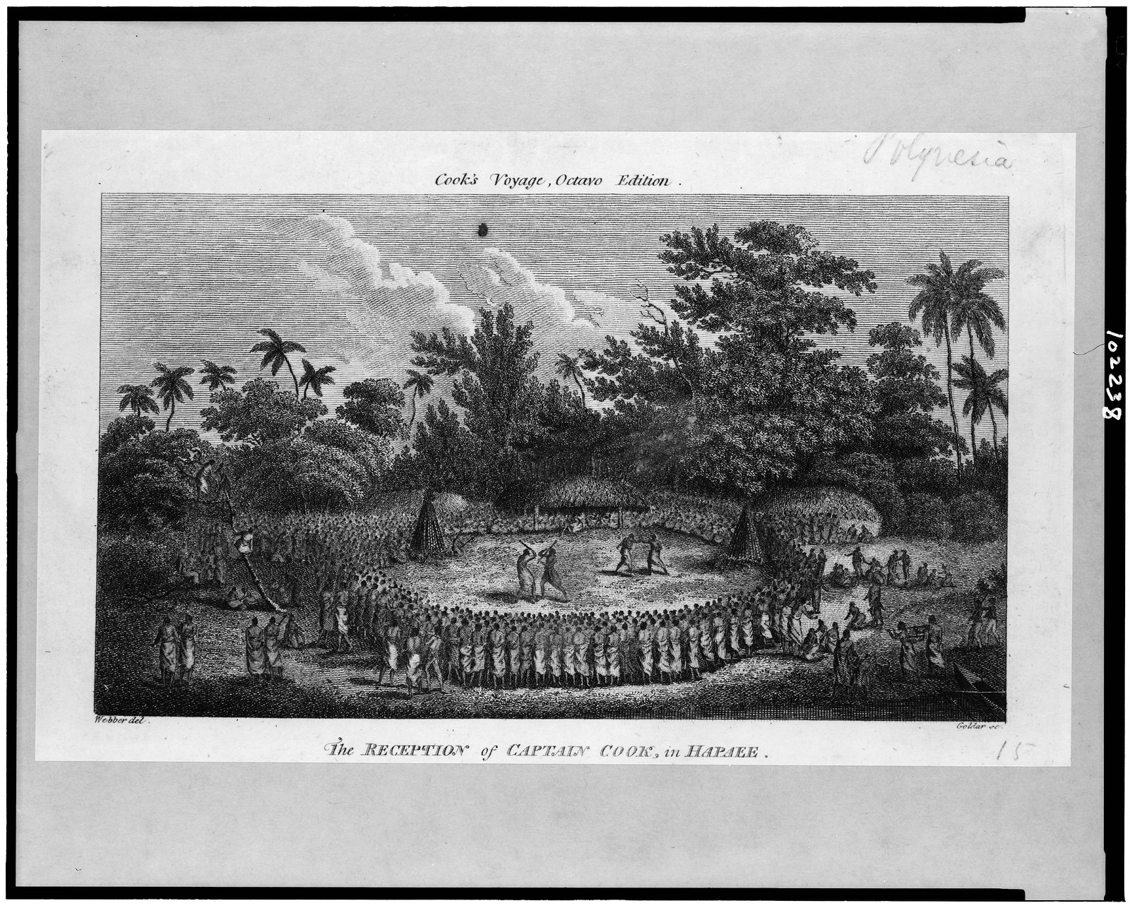 The Reception of Captain Cook, in Hapaee / Webber del. ; Goldar, sc., [between 1770 and 1800] — antique engraving