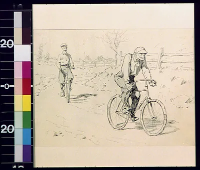 Two cyclists riding on a dirt road, pen drawing