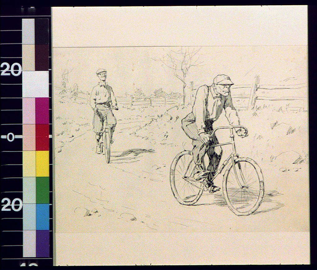 Two cyclists riding on a dirt road, pen drawing — historic drawing