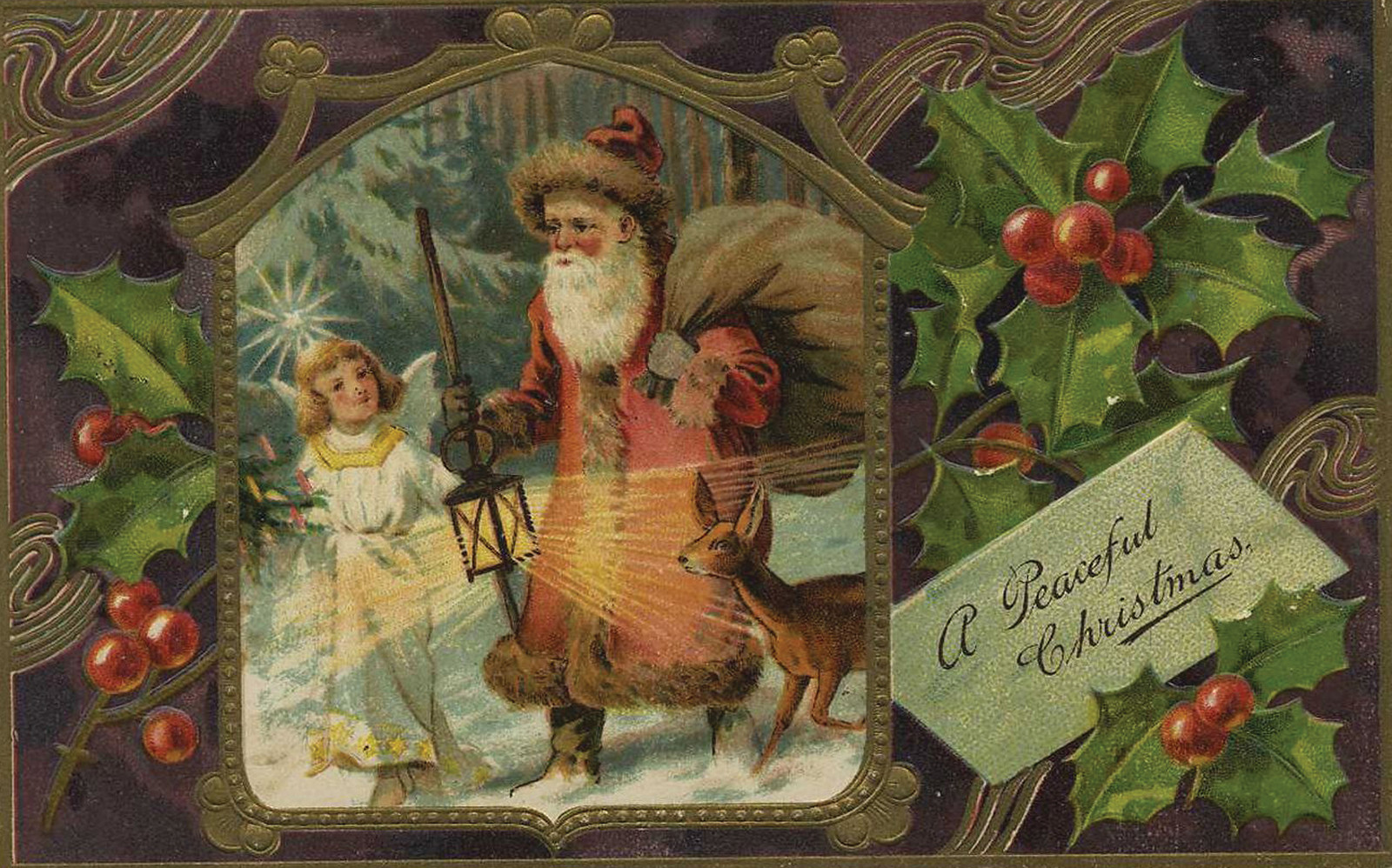 Embossed postcard "A Peaceful Christmas" with Santa and angel — vintage postcard