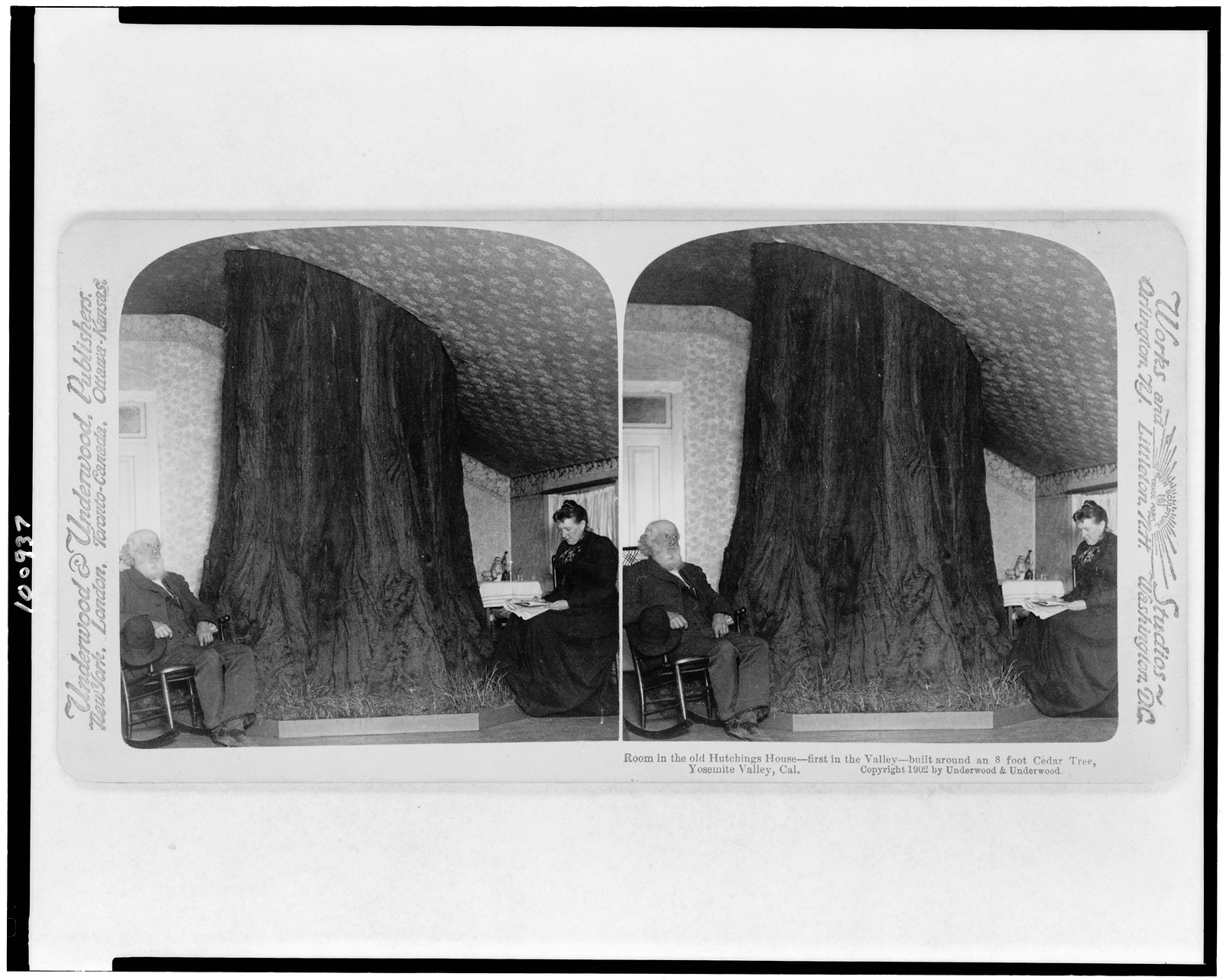 Room in the old Hutchings House--first in the valley--built around an 8 foot cedar tree, Yosemite Valley, Cal., New York : Underwood & Underwood, publishers, c1902. — historic photograph