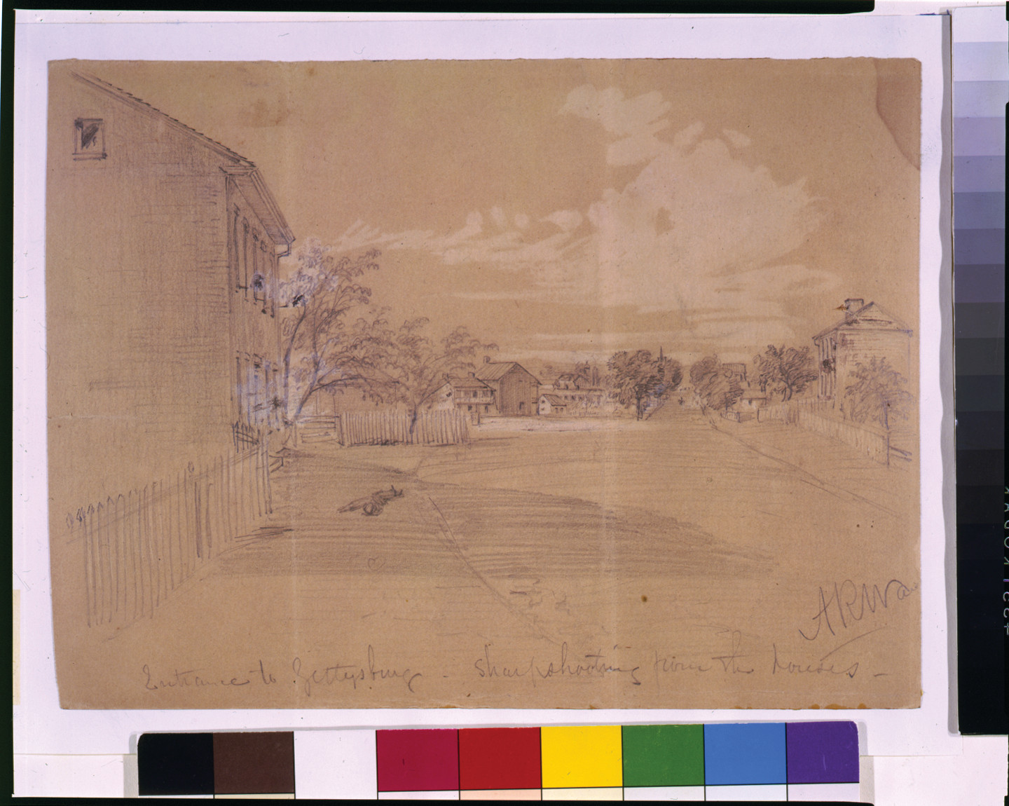 Entrance to Gettysburg--sharpshooting from the houses, [1863 July] — historic drawing