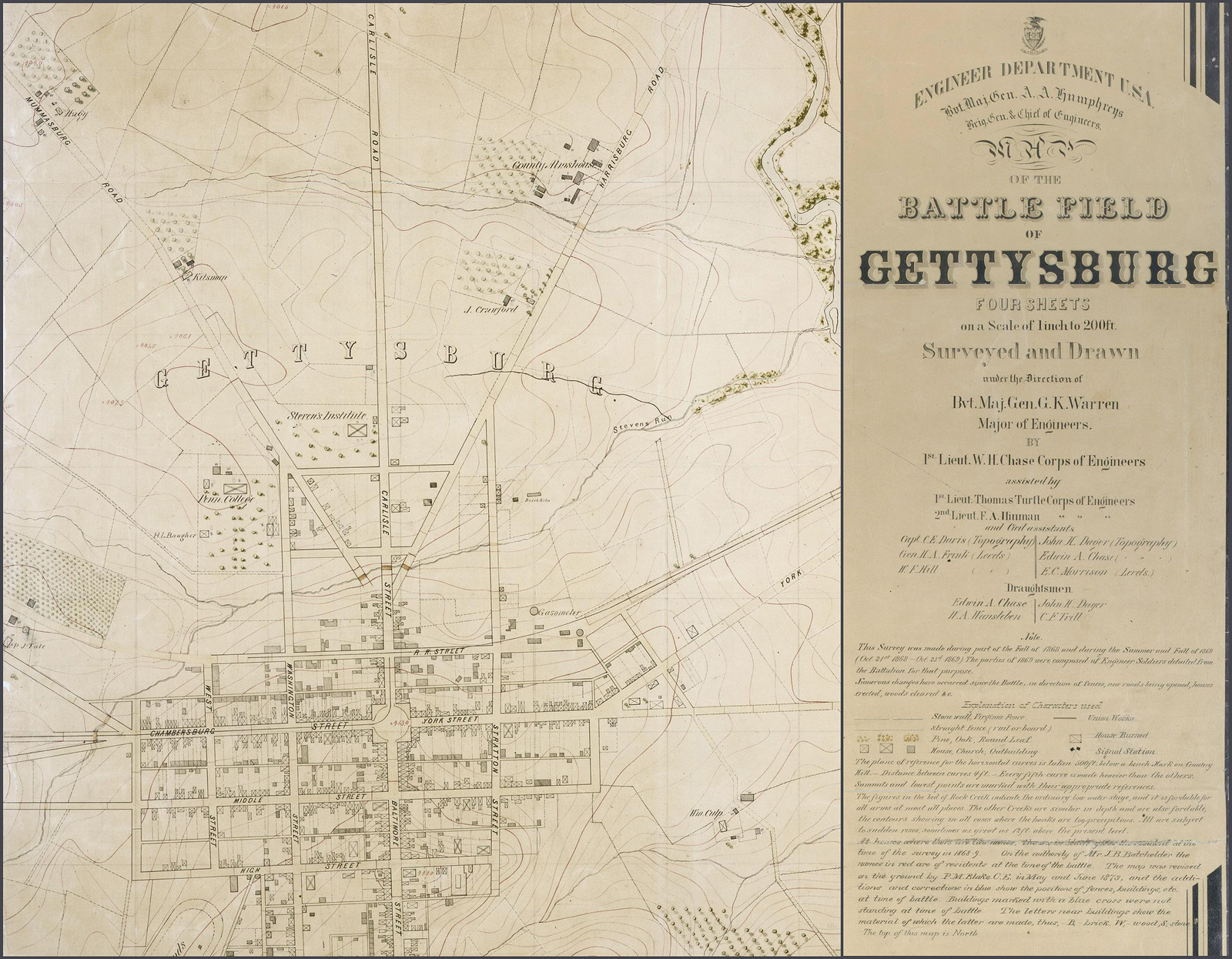 Map of the Battle Field of Gettysburg, Engineer Department USA — antique map