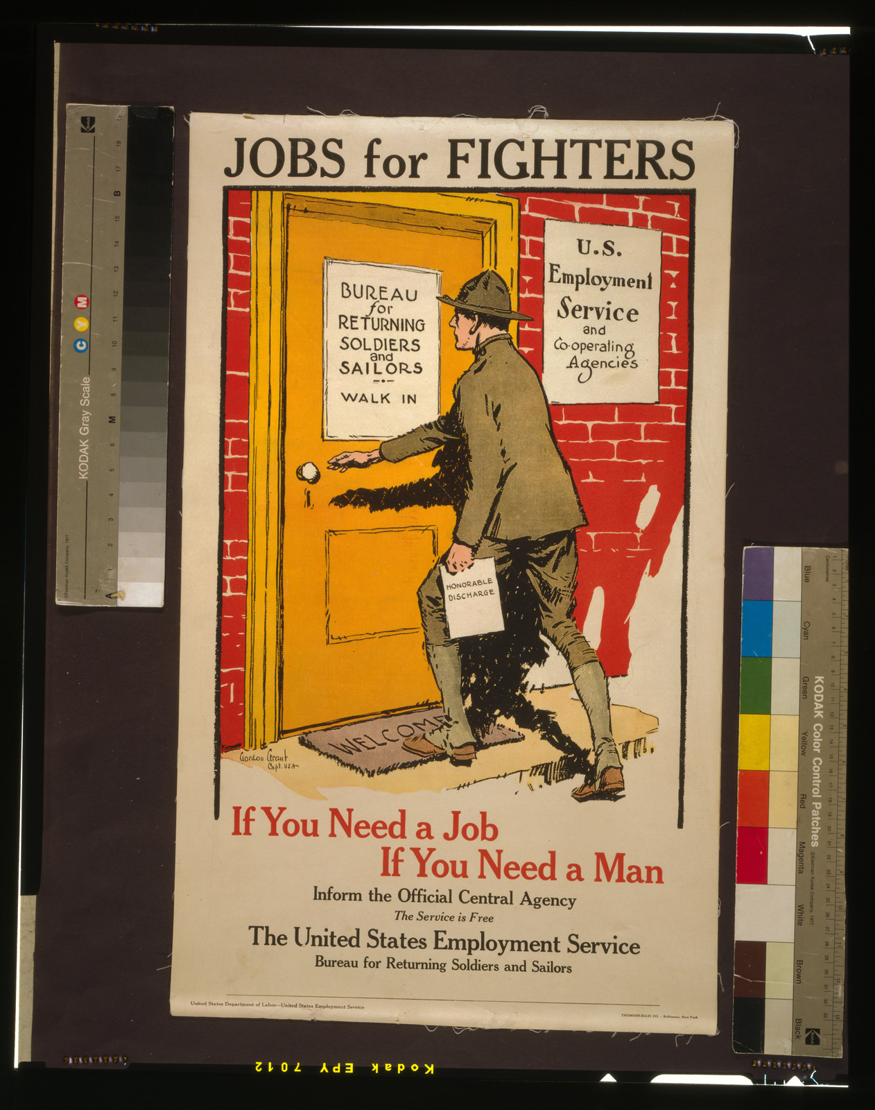 Jobs for fighters - If you need a job if you need a man inform the official central agency - The service is free / Gordon Grant Capt. U.S.A. Thomsen-Ellis Co. Baltimore New York., 1917 — vintage poster