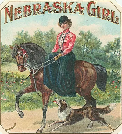 Nebraska Girl cigar label: woman riding horse with dog