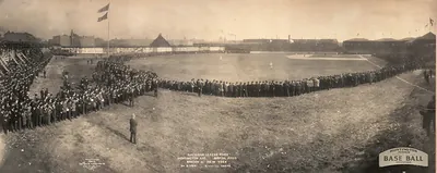 Panoramic view of Huntington Avenue baseball grounds with crowd