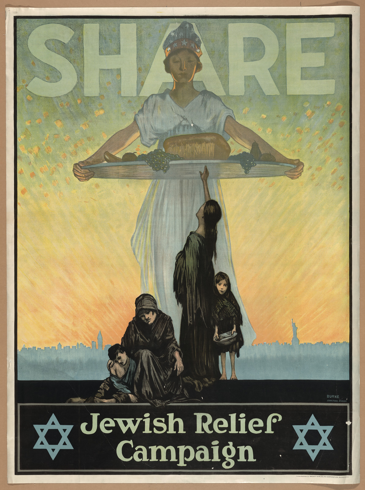 SHARE: Jewish Relief Campaign poster with a woman holding bread — vintage poster