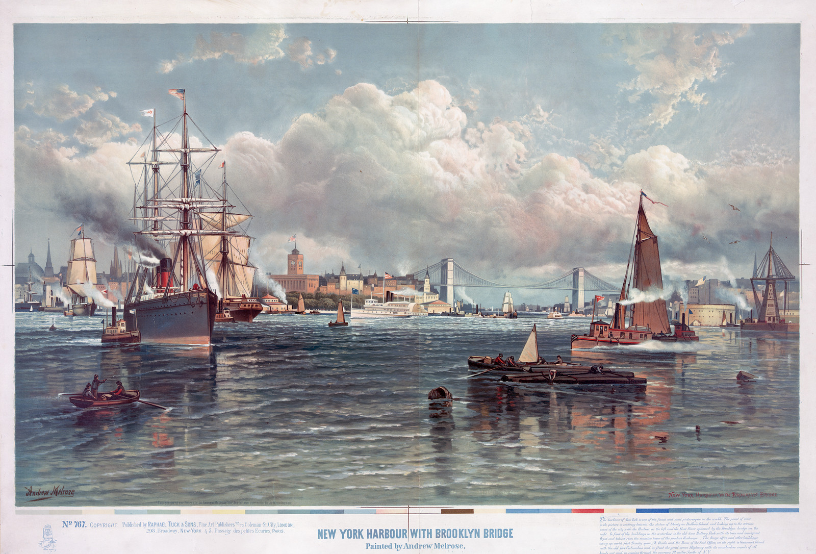 New York Harbor with Brooklyn Bridge — historic image