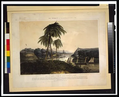 The U.S. naval expedition under Com..ore M.C. Perry, ascending the Tuspan River ; destroying the forts, and taking possesion [sic] of the port of Tuspan [...] / painted by H. Walke L.U.S.N. ; drawn on ston [sic] by J. Vollmering ; lith. of Sarony & Major.