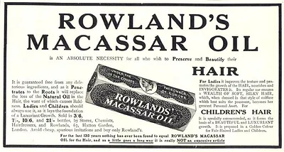 Rowland's Macassar Oil hair advertisement with bottle illustration