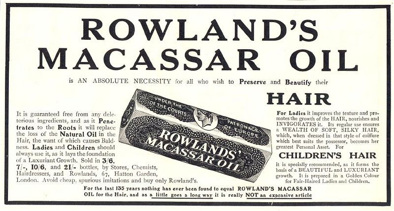 Rowland's Macassar Oil hair advertisement with bottle illustration — historic image